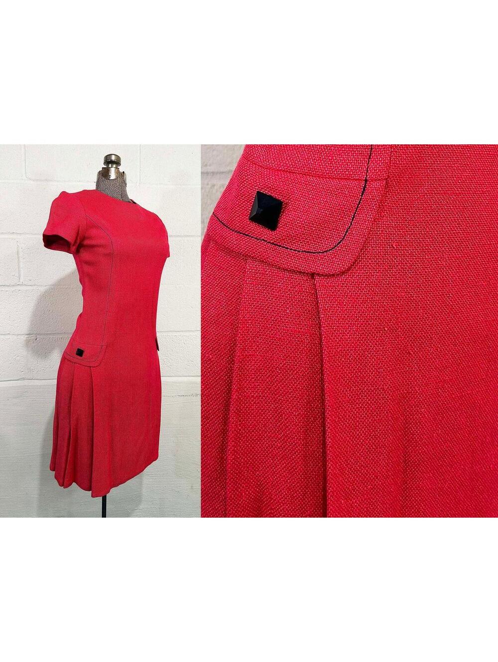 Vintage Fuchsia Linen Dress Drop Waist Mod Wedding Guest Mini 1960s 60s XS XXS